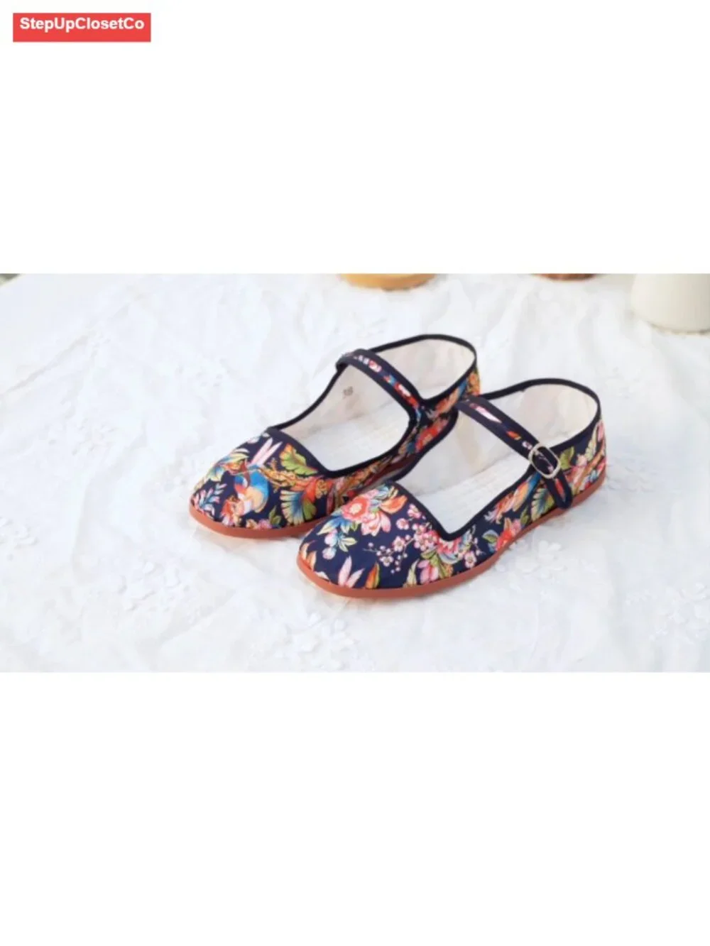 Cotton Mary Jane Flats, Square Toe China Doll Shoes, Hand-Stitched Buckle Flats